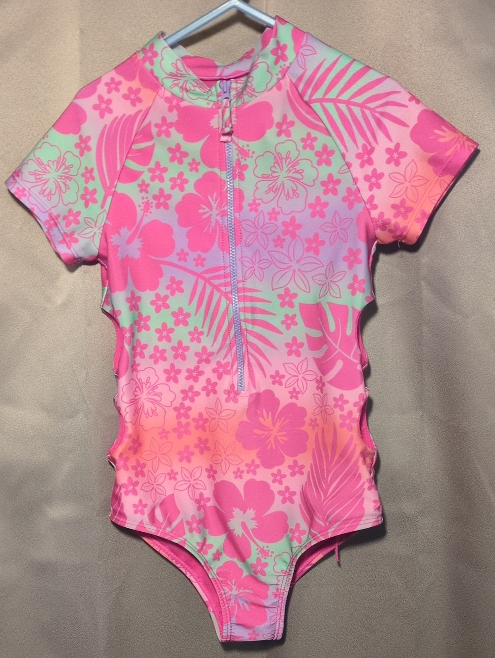 Girls' Pink Floral Cut Out Zipper Front Short-Sleeve Swimsuit